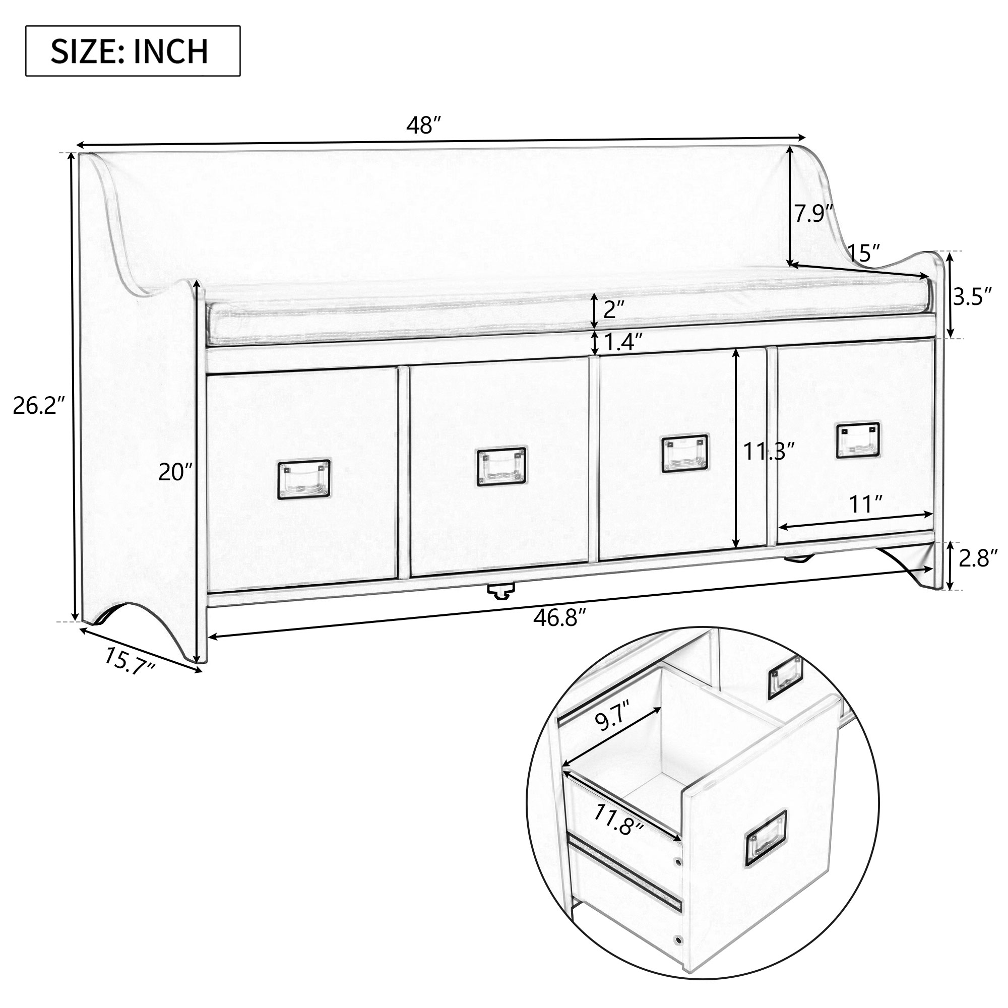 Movable Cushion Storage Bench with Drawers and Backrest - WF287471AAM