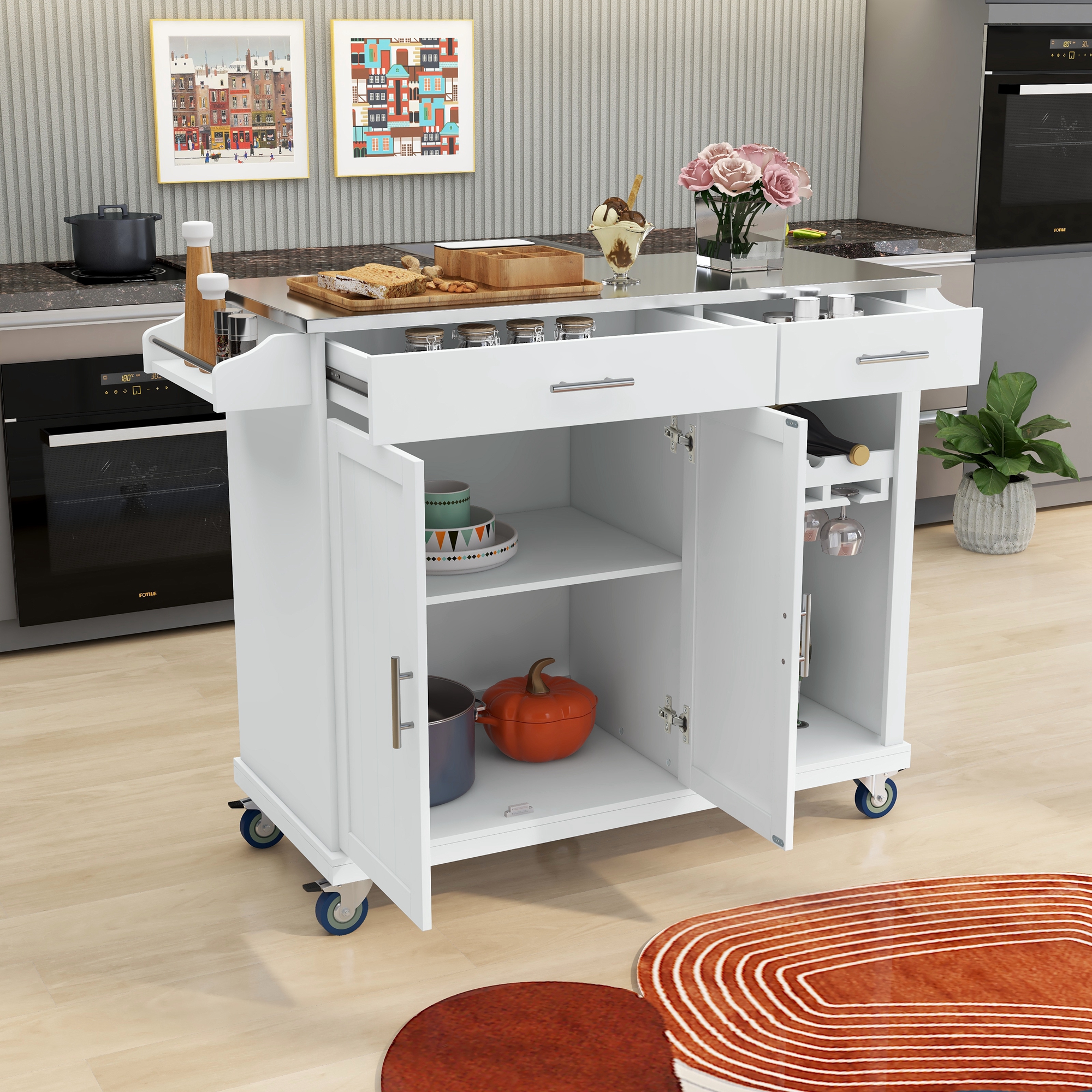 Kitchen Cart with Stainless Steel Top and Storage Cabinet - WF295114AAW