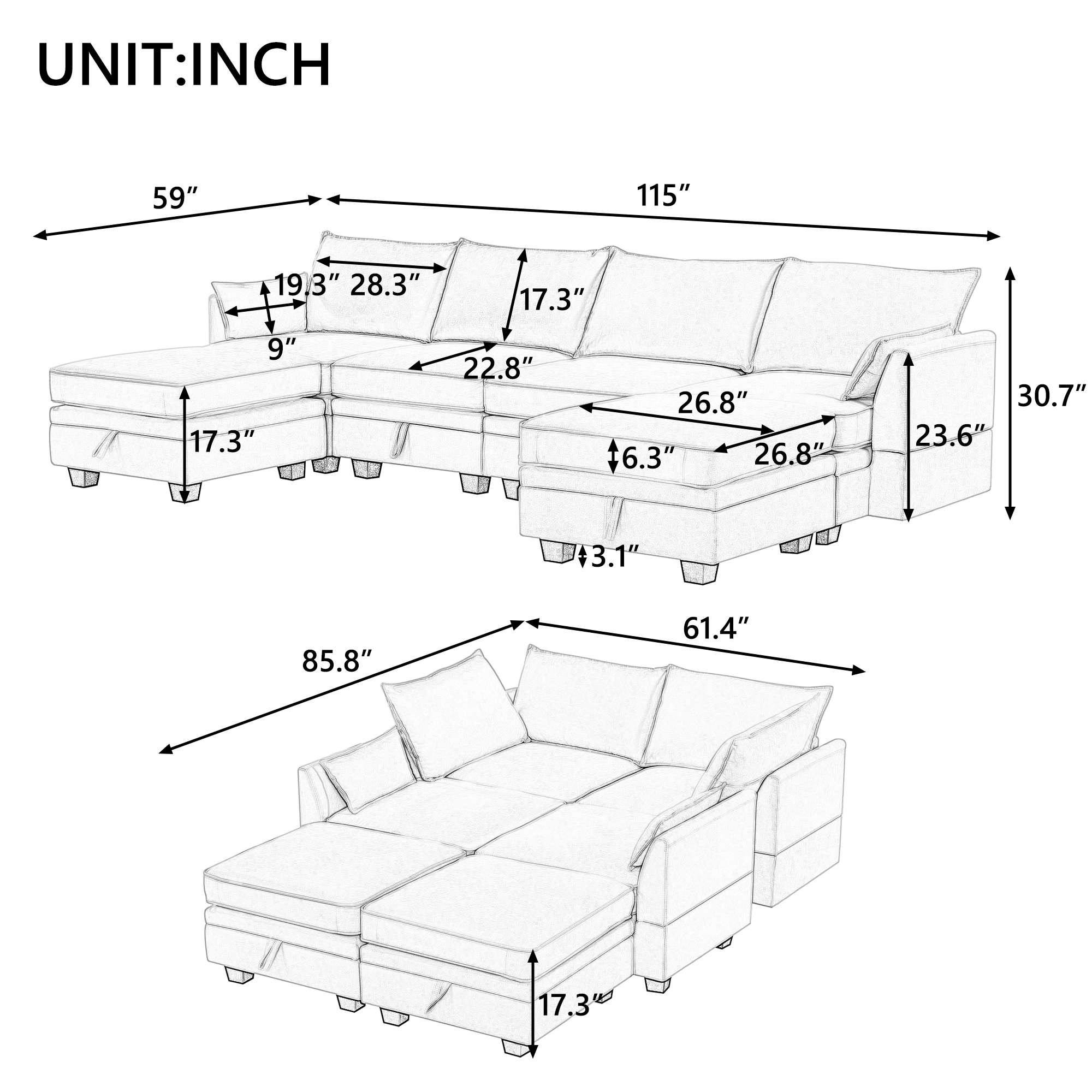 Modern Large U-Shape Sectional Sofa With Reversible Chaise - WY000292AAC
