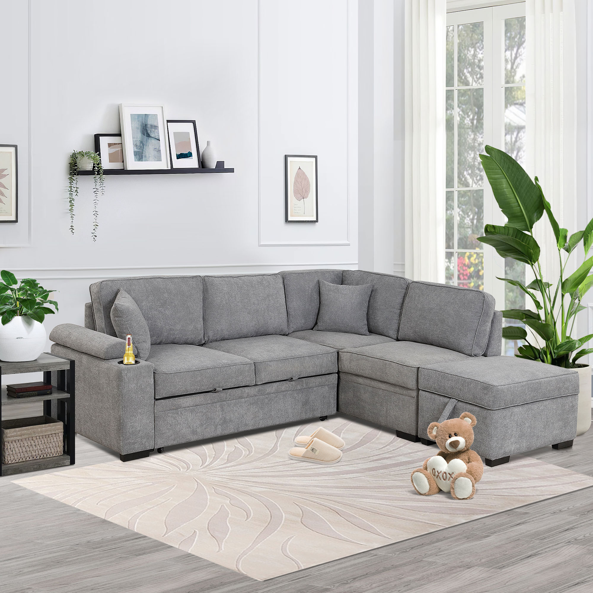 L-Shape Sleeper Pull Out Sofa Bed with Storage Ottoman - SG000550AAE