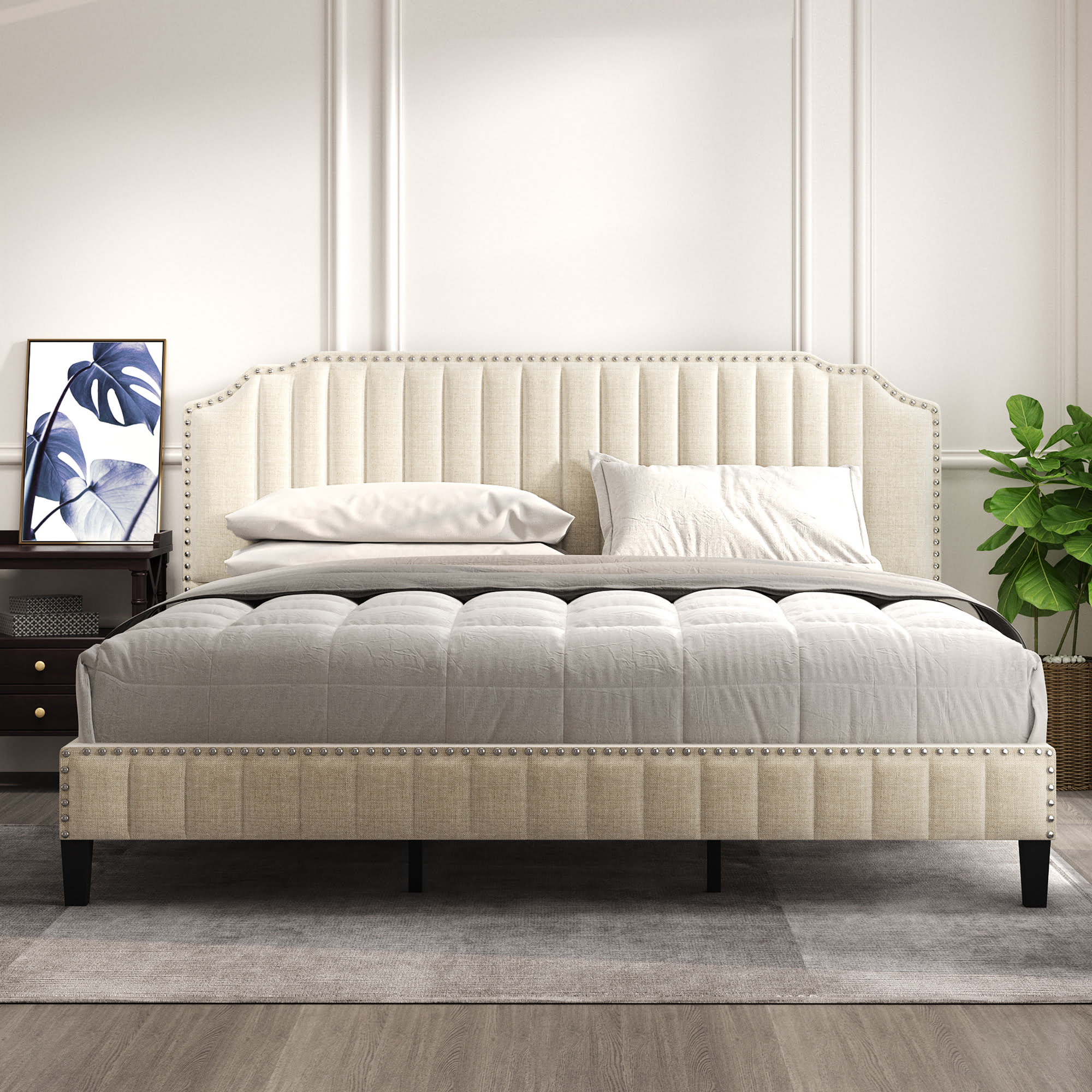 Modern Linen Curved Upholstered Platform Bed - WF298927AAA
