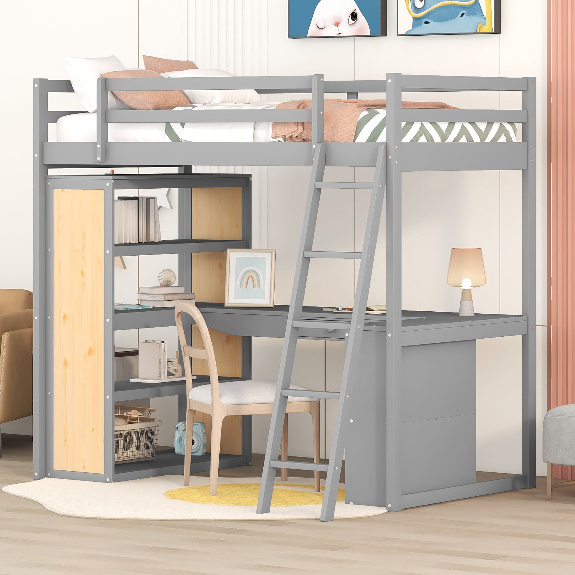 Twin Size Loft Bed With Ladder, Shelves, And Desk, White - LT000225AAE