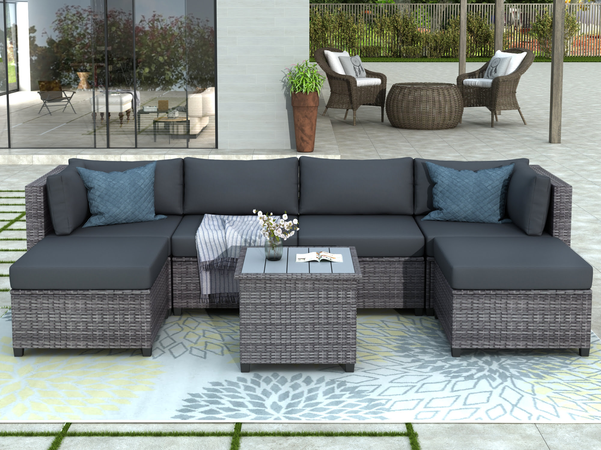 7 Piece Rattan Sectional Seating Group with Cushions - WY000307AAE