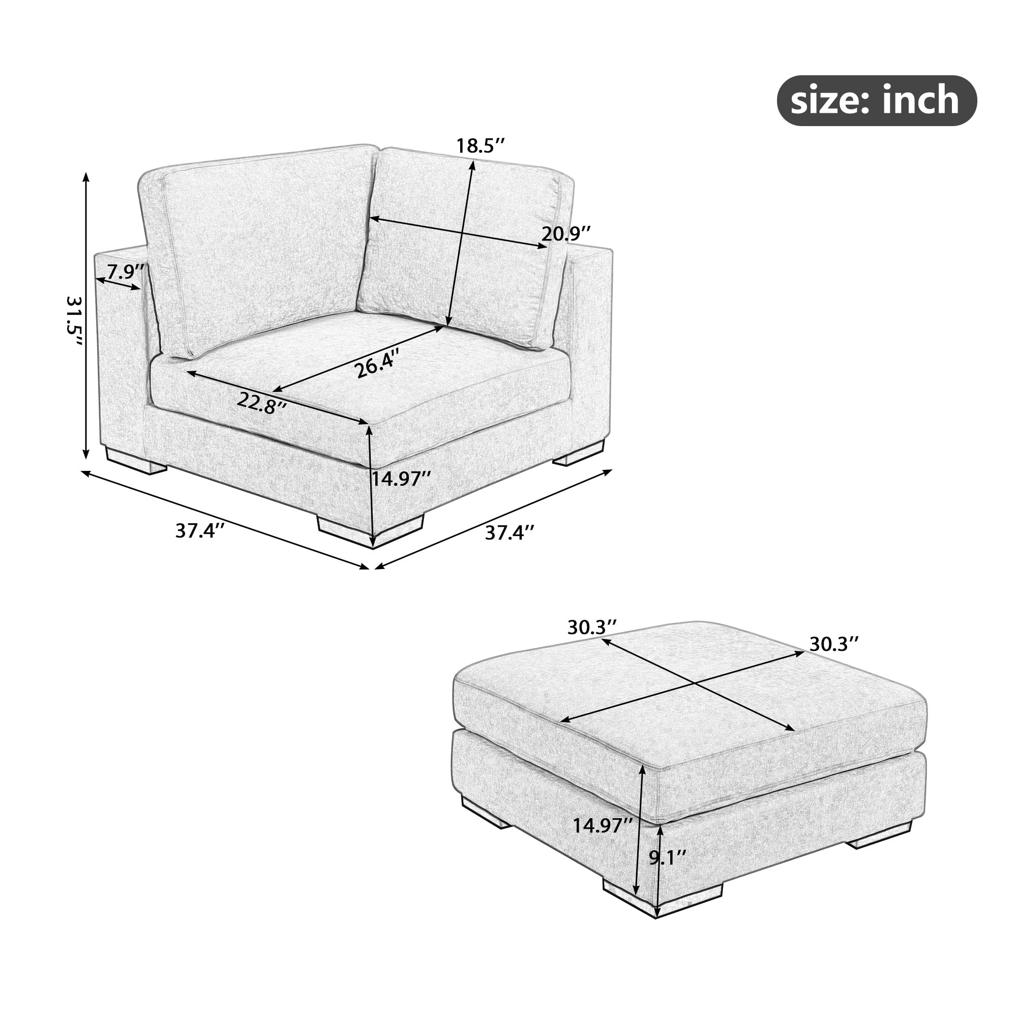 Modern Linen Single Corner Sofa With Ottoman - SG000691AAA