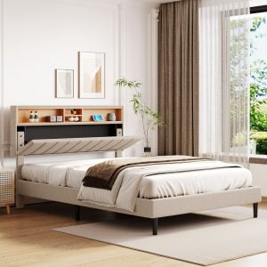 Queen Size Upholstered Platform Bed with USB Port - WF299338AAA