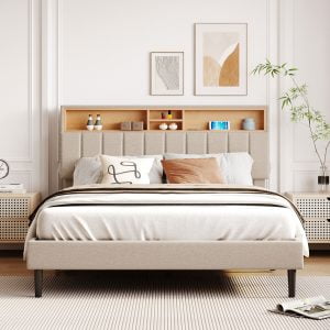 Queen Size Upholstered Platform Bed with USB Port - WF299338AAA