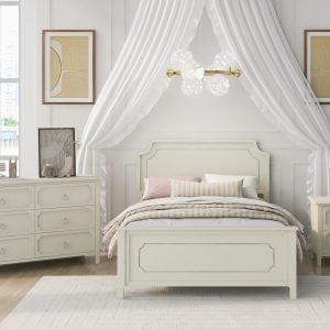 Milky White Solid Rubber Wood 3 Pieces Bedroom Sets, Full Size - BS300168AAK