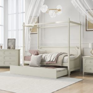 Milky White Solid Rubber Wood 3 Pieces Bedroom Sets, Twin Size - BS300165AAK