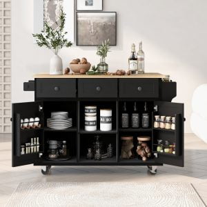 Kitchen Island on 5 Wheels with Storage Cabinet and 3 Drawers - WF298028AAB