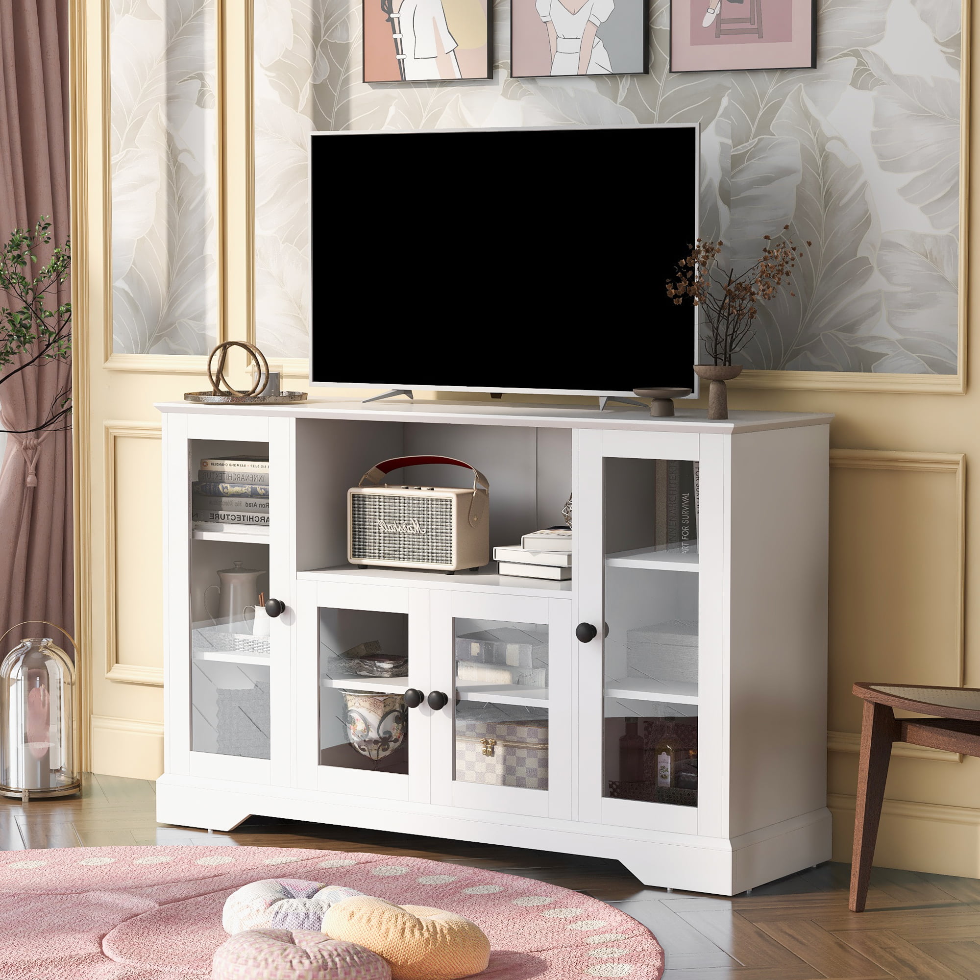 TV Stand for TV up to 60in with 4 Tempered Glass Doors,Open Style Cabinet and Sideboard - WF295227AAK