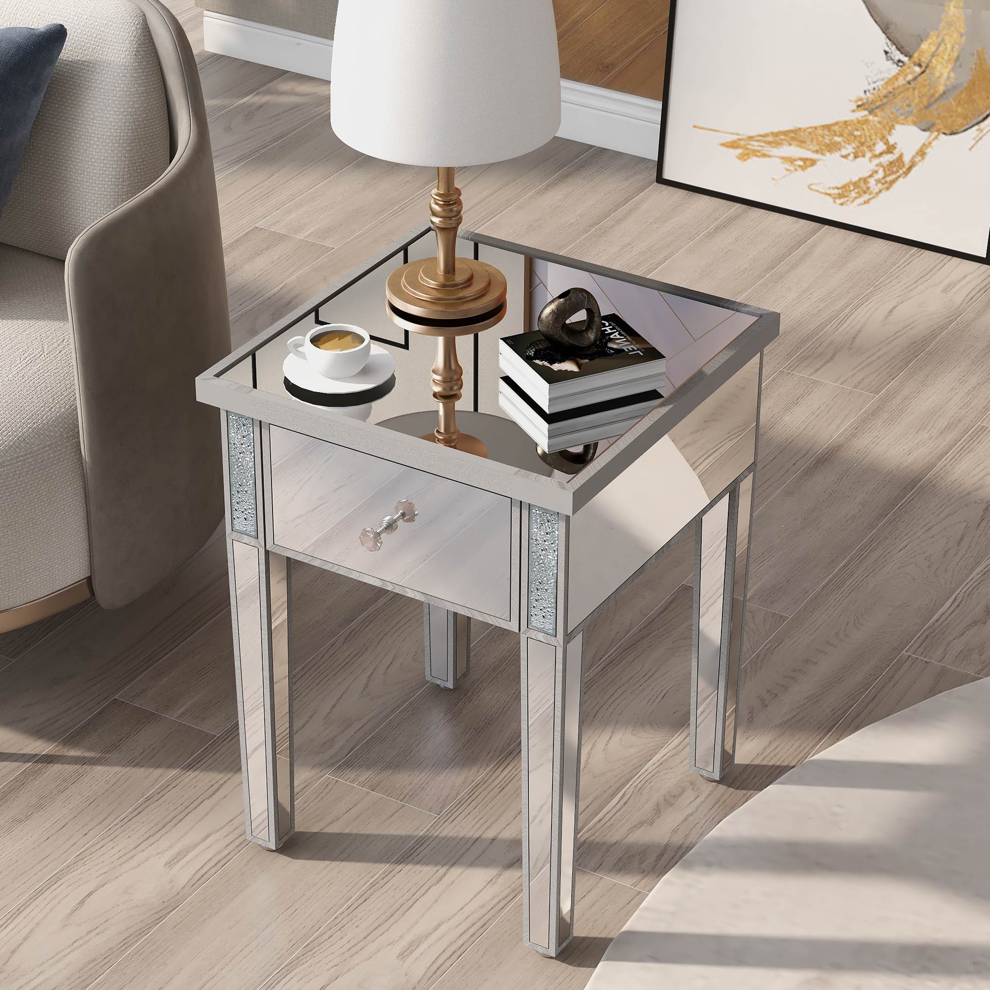 Modern Glass Mirrored End Table with Drawer - WF296597AAN