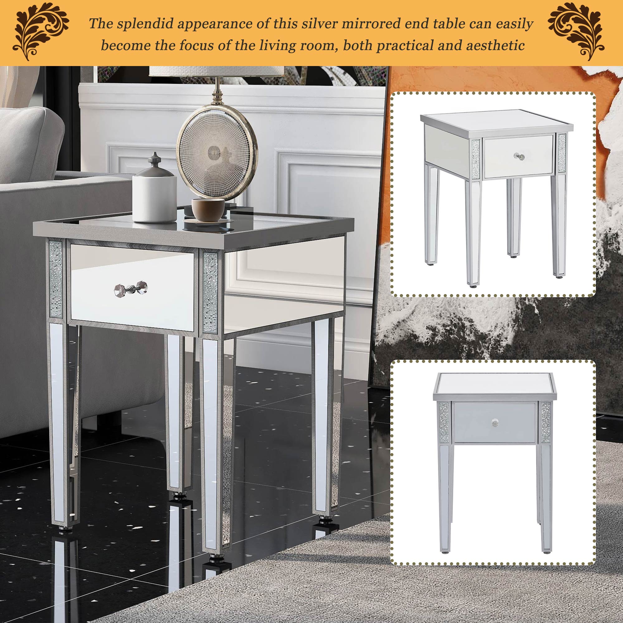 Modern Glass Mirrored End Table with Drawer - WF296597AAN