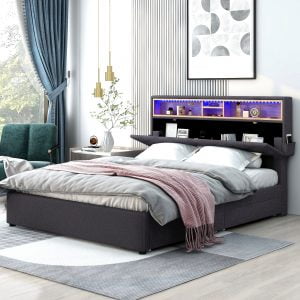 Queen Size Upholstered Platform Bed With Storage Headboard, LED, USB Charging And 2 Drawers - GX001912AAE