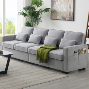 104" 4-Seater Modern Linen Fabric Sofa With Armrest Pockets And 4 Pillows - GS008086AAE