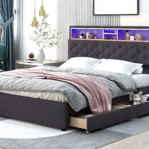Queen Size Upholstered Platform Bed With Storage Headboard, LED, USB Charging And 2 Drawers - GX001912AAE