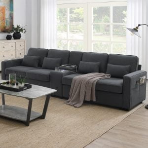 114.2" Upholstered Sofa with Coffee Table and 2 Cupholders, 2 USB Ports Wired or Wirelessly Charged - GS000086AAR