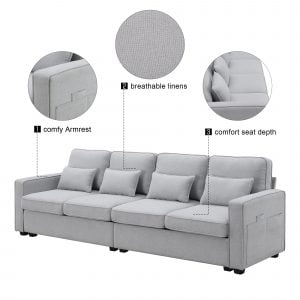 104" 4-Seater Modern Linen Fabric Sofa With Armrest Pockets And 4 Pillows - GS008086AAE