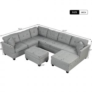 U Shaped Sectional Couch With Storage Ottoman and 2 Throw Pillows - SG000870AAE