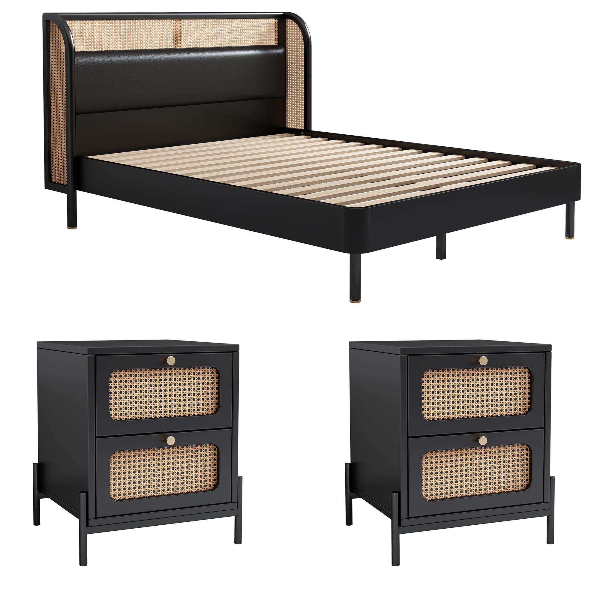 Cannage Rattan 3 Pieces Bedroom Set, Queen Bed - BS310220AAB