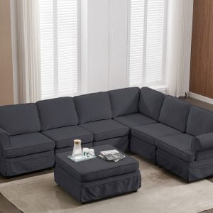 L-Shaped Fabric Upholstered Modular Sofa with Ottoman - SG000850AAE