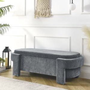 Linen Fabric Upholstered Bench with Large Storage Space, Gray W48790041