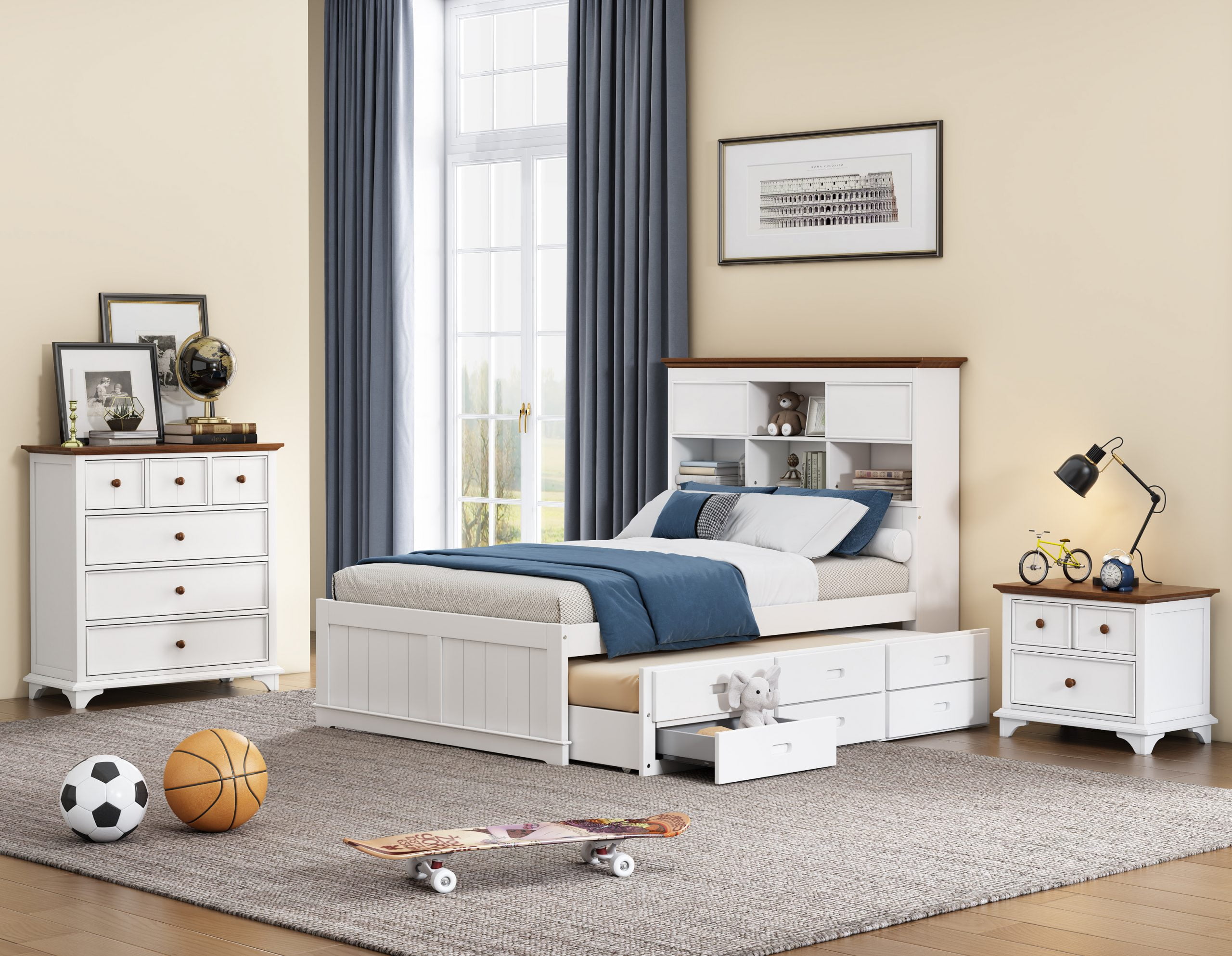 3 Pieces Wooden Captain Bedroom Set, Full Bed, Nightstand And Dresser - BS315271AAK