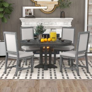 Farmhouse Style Extendable Round Table and 4 Upholstered Chairs - ST000090AAB