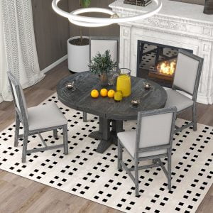 Farmhouse Style Extendable Round Table and 4 Upholstered Chairs - ST000090AAB