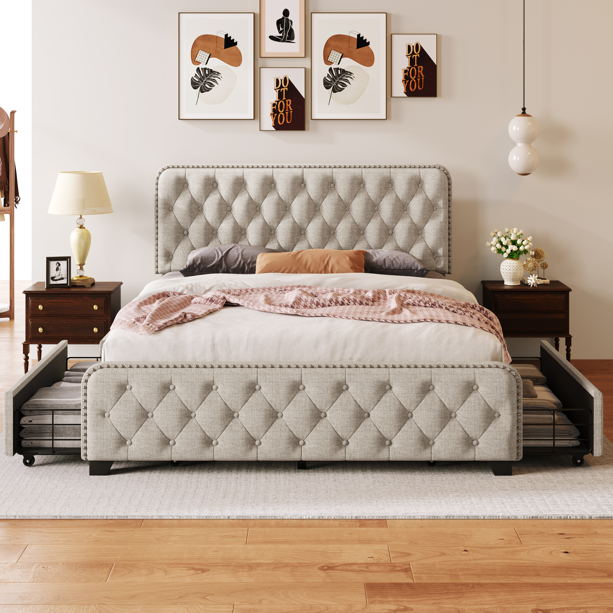 Upholstered Platform Bed Frame with Four Drawers, Queen Size - WF306746AAA
