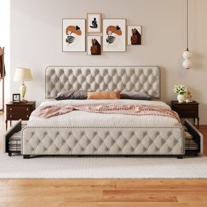 Upholstered Platform Bed Frame with Four Drawers, King Size - WF306745AAA
