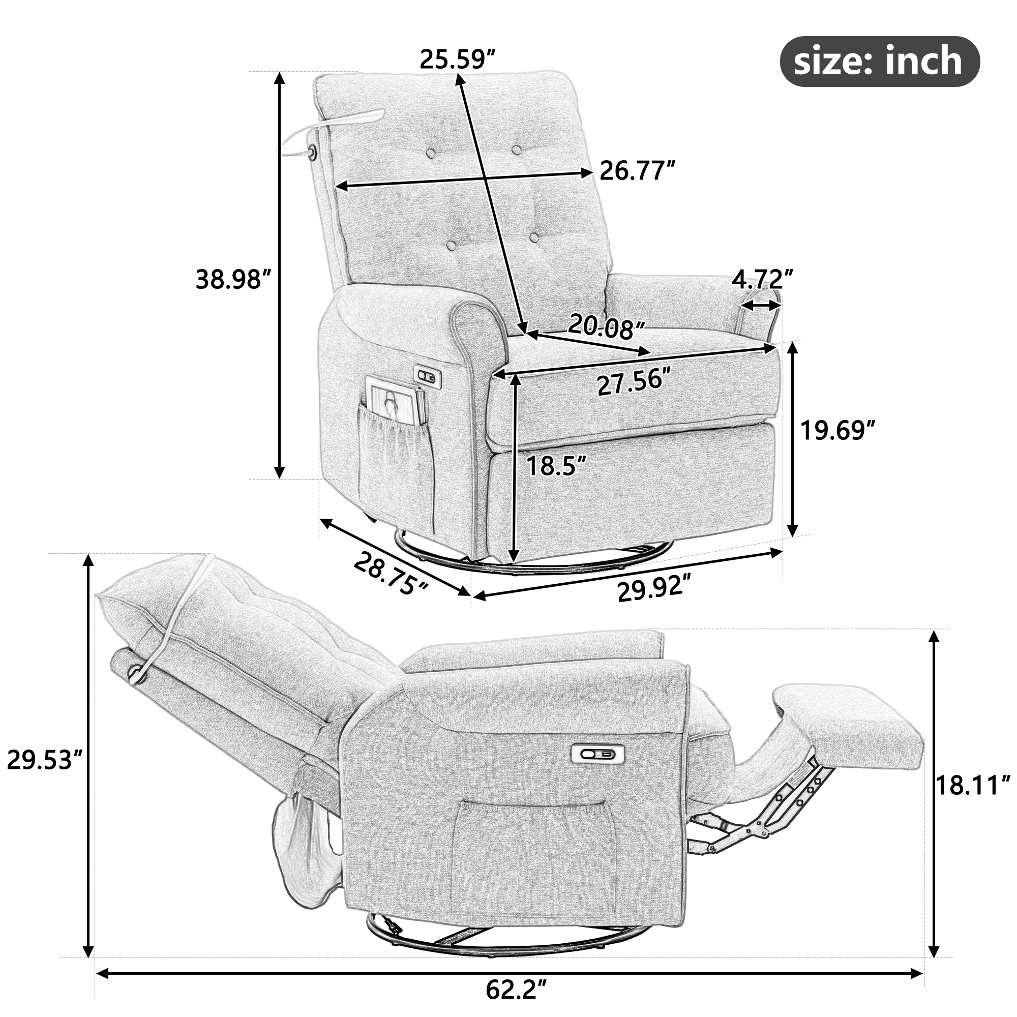 270 Degree Swivel Recliner Chairs With USB Port, Side Pocket And Touch Sensitive Lamp - SG000910AAA