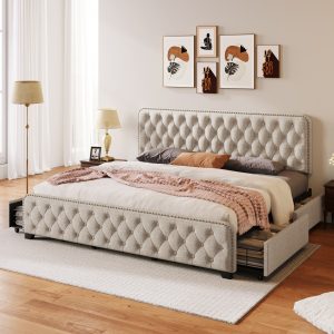 Upholstered Platform Bed Frame with Four Drawers, King Size - WF306745AAA