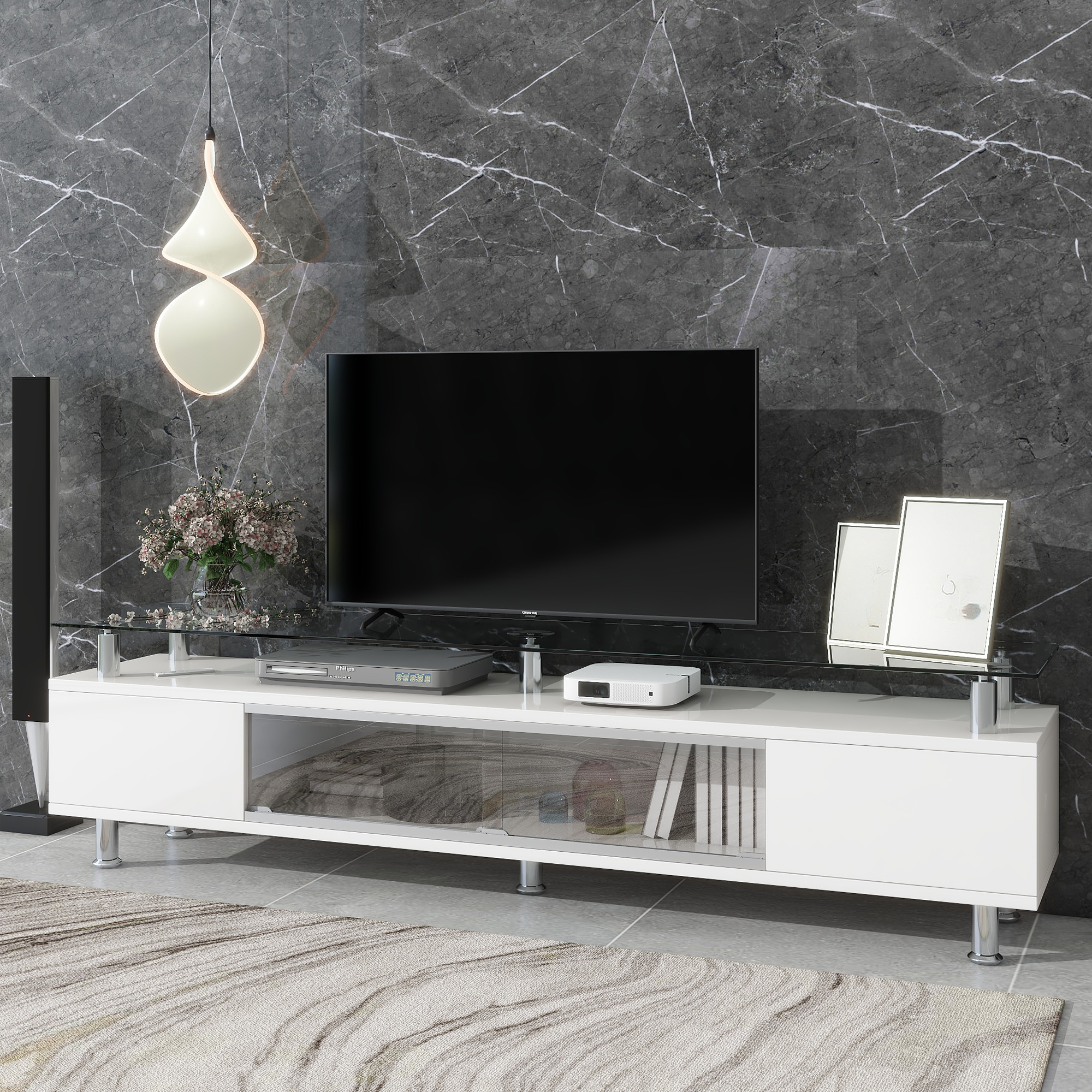 Sleek Design TV Stand with Silver Metal Legs for TV Up to 70" - WF306451AAK