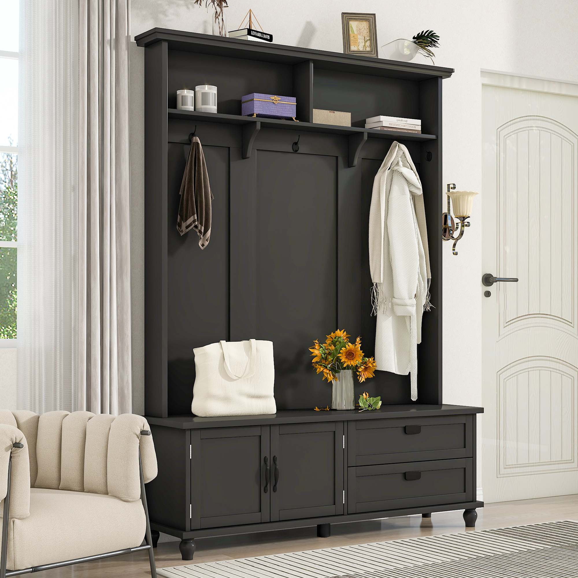 Modern Style Hall Tree with Storage Cabinet and 2 Large Drawers - WF306450AAB