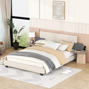 Queen Size Upholstered Platform Bed with Bedside Shelves and USB Charging - GX001319AAA