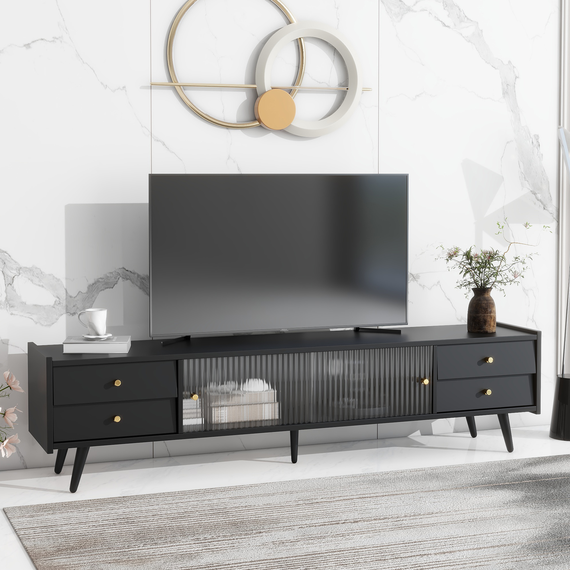 Contemporary TV Stand with Sliding Fluted Glass Doors - WF307977AAB