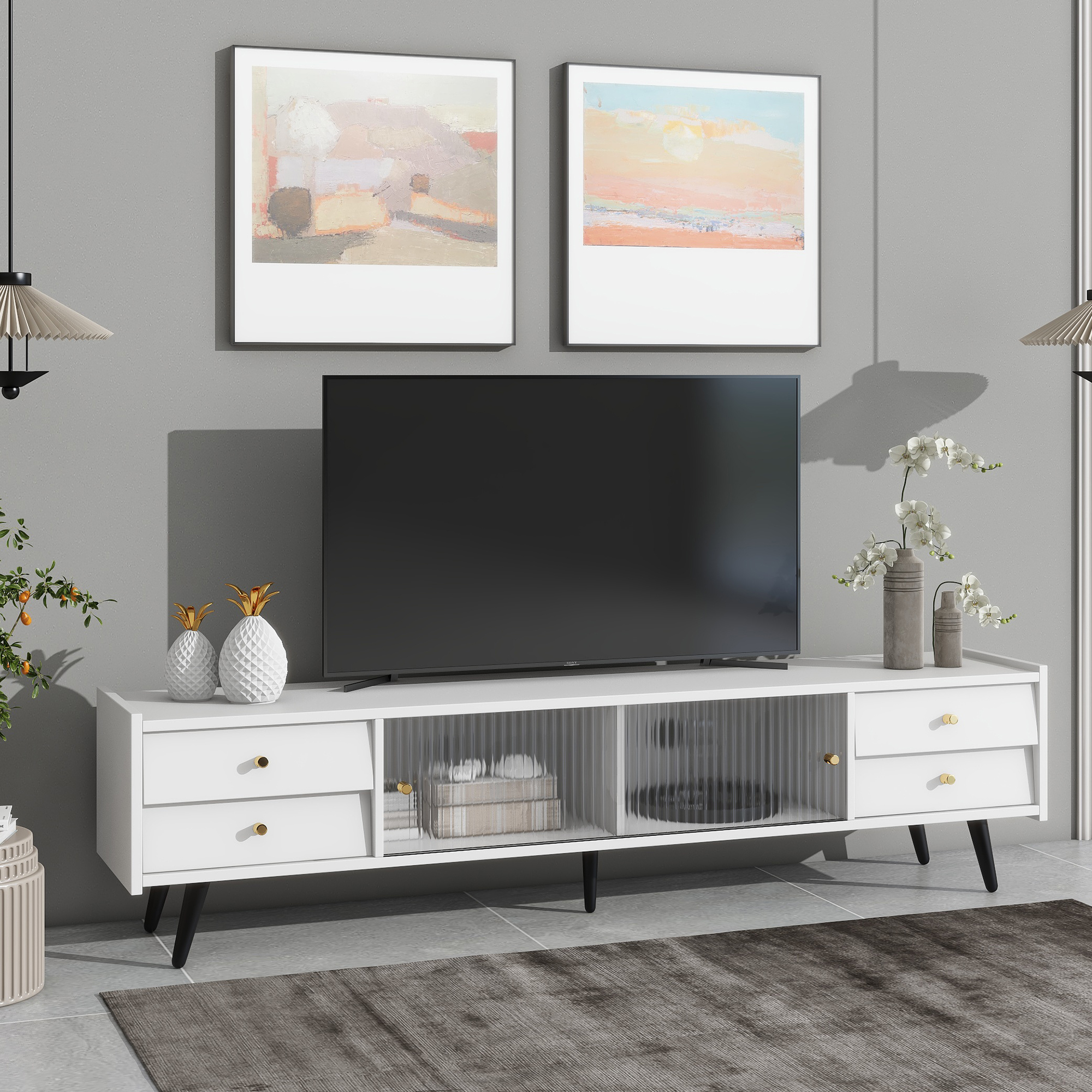 Contemporary TV Stand with Sliding Fluted Glass Doors - WF307977AAK