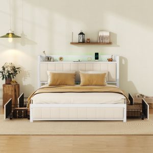 Queen Size Bed Frame With LED Headboard and 4 Storage Drawers - W1580113787