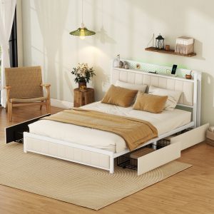 Queen Size Bed Frame With LED Headboard and 4 Storage Drawers - W1580113787