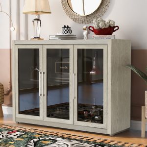 Wood Storage Cabinet With Three Tempered Glass Doors And Adjustable Shelf - WF309063AAA