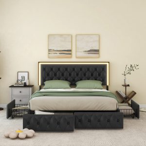 Queen Upholstered Bed Frame with 4 Storage Drawers W1580119383