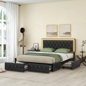 Queen Upholstered Bed Frame with 4 Storage Drawers W1580119383