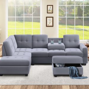 Modern Sectional Sofa With Reversible Chaise, L Shaped Couch Set With Storage Ottoman And Two Cup Holders For Living Room - SG000282AAA