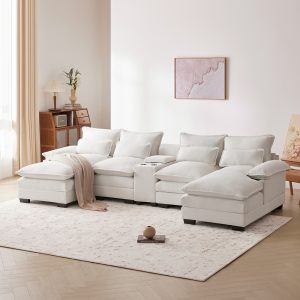 Modern U-Shaped Sofa with Console, Cupholders and USB Ports - GS008804AAA