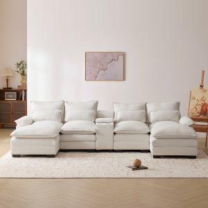 Modern U-Shaped Sofa with Console, Cupholders and USB Ports - GS008804AAA