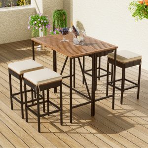 5-Piece Outdoor Acacia Wood Bar Height Table And Four Stools With Cushions - WF317873AAA