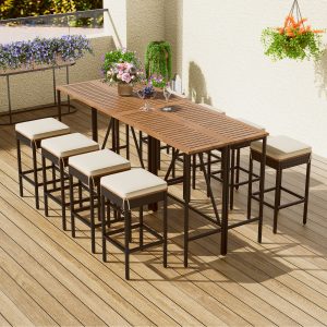 10-Piece Outdoor Acacia Wood Bar Height Table And Eight Stools With Cushions - FG317873AAA