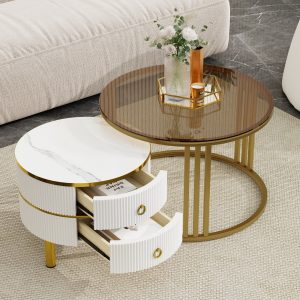 Nesting Tables with Brown Tempered Glass and High Gloss Marble Tabletop, Set of 2 - WF320536AAK
